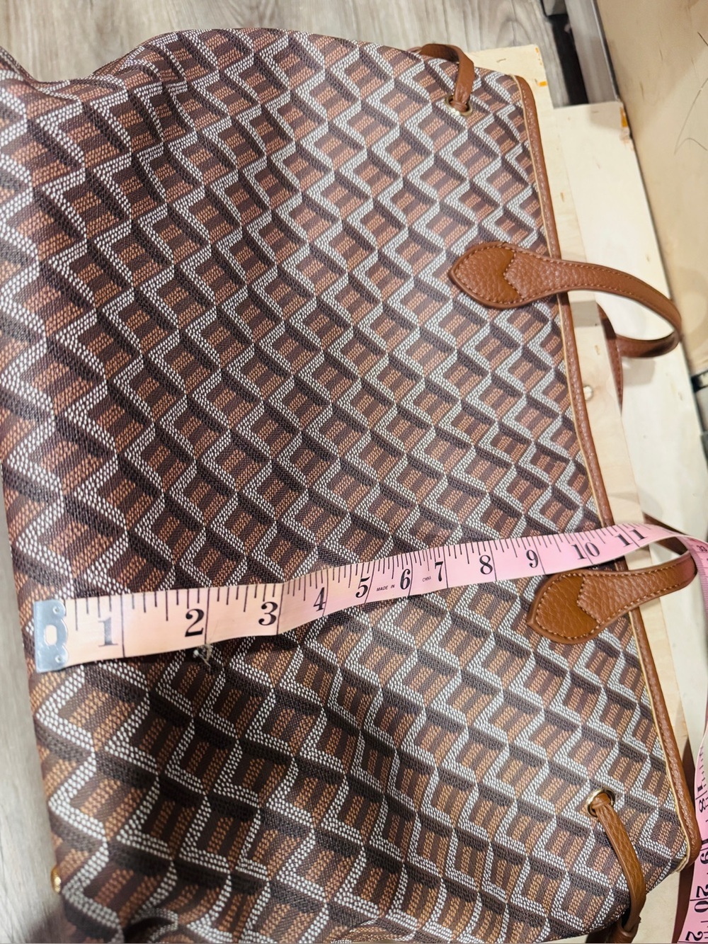 Brown Geometric Tote with Matching Pouch - Picture 6 of 7